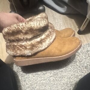 Bebe Y2K Nayeli faux suede ankle boots with faux fur trim and rhinestone details